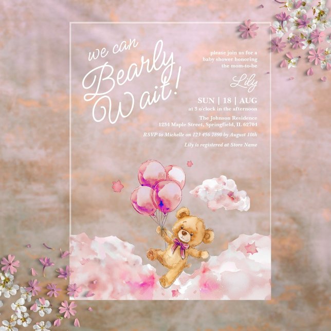 Wir können frühzeitig auf die Teddy Pink Girl Baby Acryleinladungen (We Can Bearly Wait Teddy Pink Girl Baby Shower Acrylic Invitations)