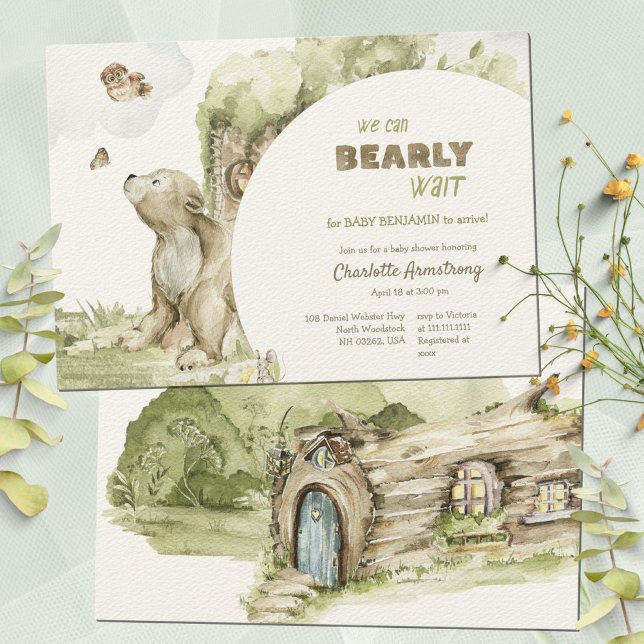 Wir können frühzeitig auf die Woodland Babydusche  Einladung (We Can Bearly Wait Woodland Baby Shower Invitation ©Susanne Sachers - Sunny Mind 🌞)