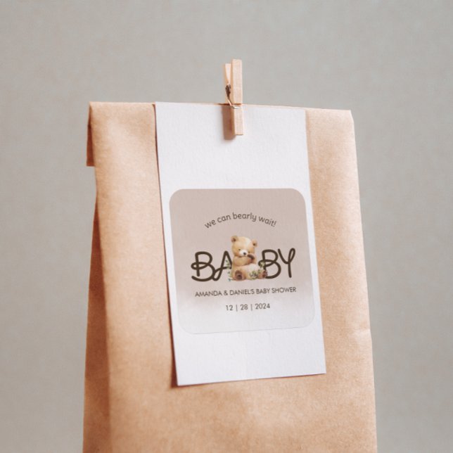 Wir können frühzeitig auf eine Aquarellendusche wa Quadratischer Aufkleber (We Can Bearly Wait Watercolor Baby Shower Square Sticker)