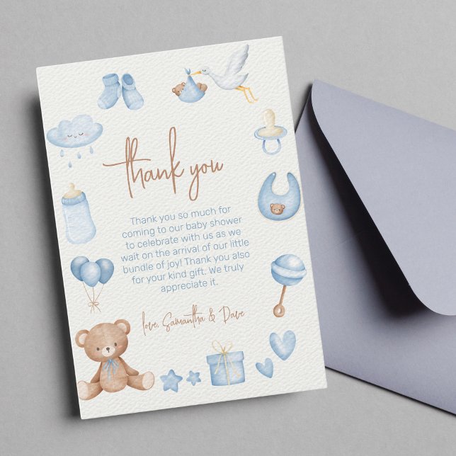 Wir können frühzeitig auf eine hellblaue Babydusch Dankeskarte (thank you card baby shower "we can bearly wait")