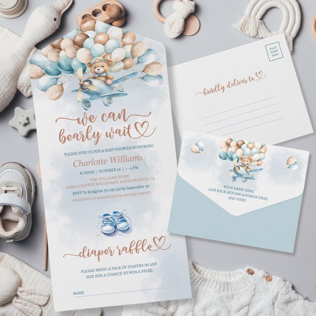 Wir können frühzeitig auf eine Windelwinddusche wa All In One Einladung (We can bearly wait with a perforated diaper raffle card, baby shower invitation, blue balloons)