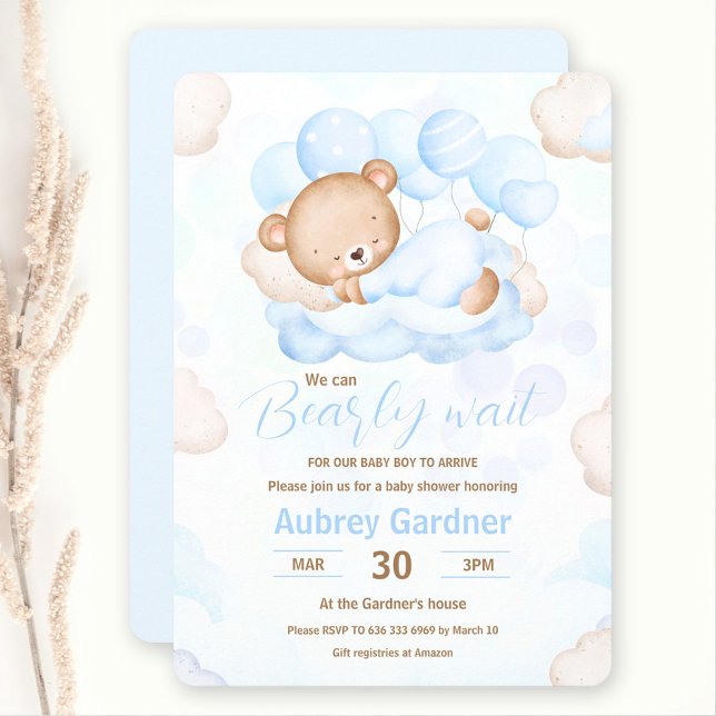 Wir können frühzeitig die Baby Blue Bear Baby Dusc Einladung (We Can Bearly Wait Boy Blue Bear Baby Shower Invitation)