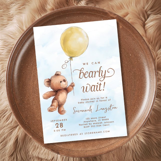 Wir können frühzeitig die gelbe Teddy Bear Babydus Einladung (Shown on a 5x7" invitation)