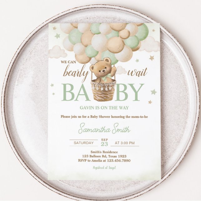 Wir können frühzeitig die grüne Bärendusche abwart Einladung (Boho Green Teddy Bear Baby Shower Invitation)