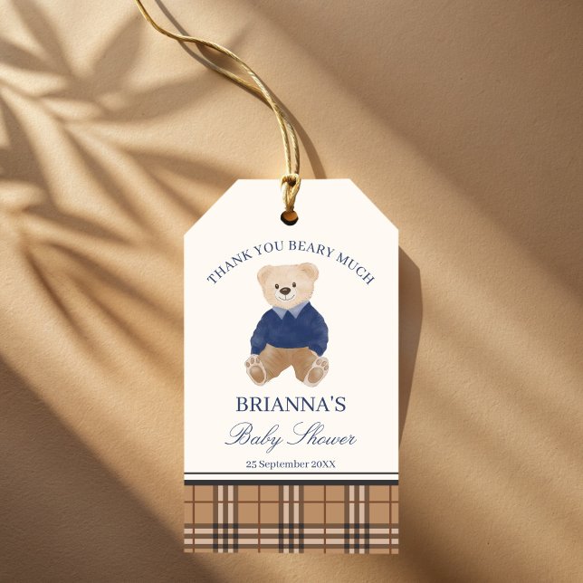 Wir können frühzeitig die klassische karierte Baby Geschenkanhänger (We can bearly wait classic brown plaid polo teddy bear baby shower personalized favor gift tags)