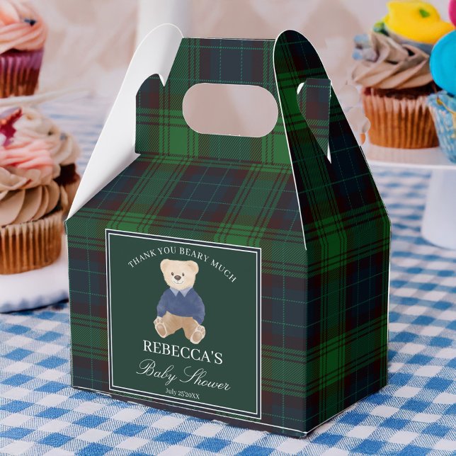 Wir können frühzeitig die klassische karierte Baby Geschenkschachtel (We can bearly wait classic green plaid polo teddy bear baby shower favors personalized favor boxes)