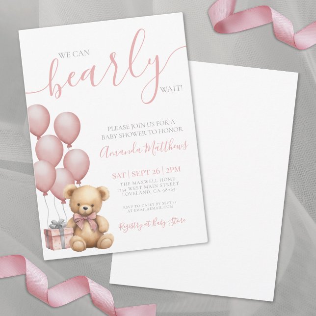 Wir können frühzeitig die Pink Bear Girl Babydusch Einladung (We Can Bearly Wait Pink Bear Girl Baby Shower Invitation)