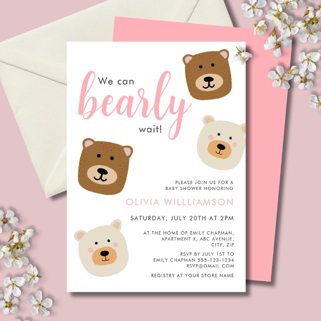 Wir können frühzeitig die Pink Girls Babydusche ab Einladung (We can bearly wait, cute teddy bear baby shower invitation with girl text for baby girl.)