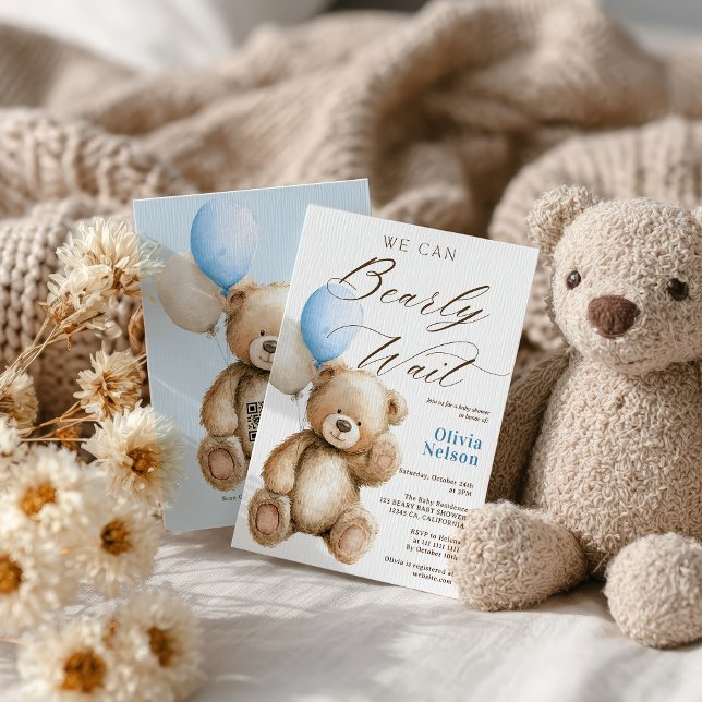 Wir können frühzeitig die Teddy Bear QR Boy Baby D Einladung (We Can Bearly Wait Teddy Bear QR Boy Baby Shower Invitation)