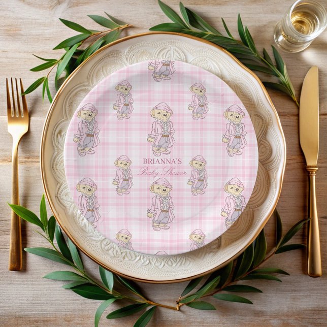 Wir können frühzeitig eine karierte Babydusche-Mon Pappteller (We can bearly wait pink plaid teddy bear baby shower monogrammed printed paper plates)