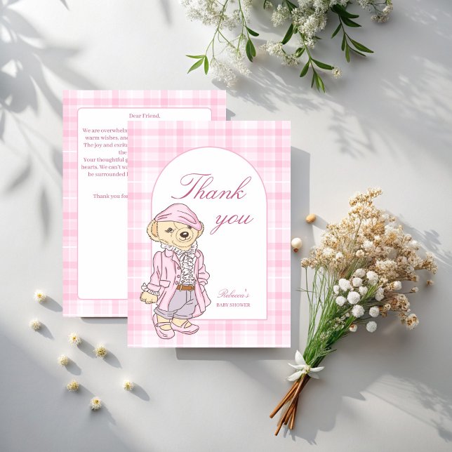 Wir können frühzeitig eine karierte, rosa Babydusc Dankeskarte (We can bearly wait pink classic plaid cute teddy bear baby shower thank you cards)