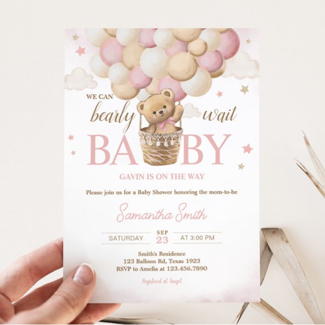 Wir können frühzeitig eine Pink Bear Babydusche ab Einladung (Girl Teddy Bear Balloon Baby Shower Invitation)