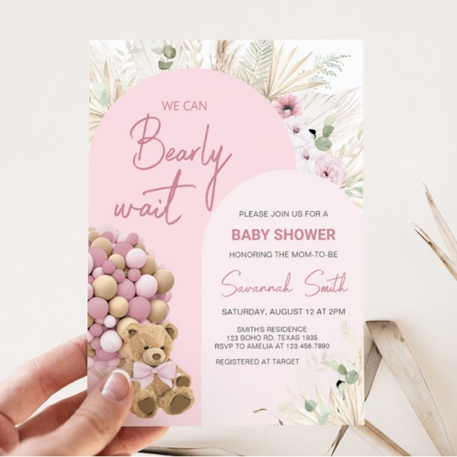 Wir können frühzeitig eine pinkfarbene Babydusche  Einladung (Pink Boho Bear Baby Shower Invitation)