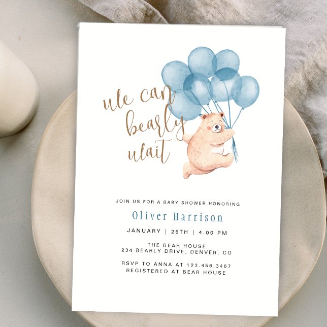 Wir können frühzeitig Niedliche Bärenballon Babydu Einladung (We Can Bearly Wait Cute Bear Balloon Baby Shower Invitation)