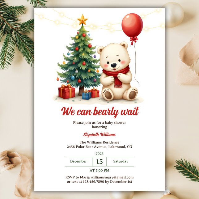 Wir können frühzeitig Niedliche Bärendusche warten Einladung (We Can Bearly Wait | Cute Polar Bear Christmas Themed Baby Shower Invitation)