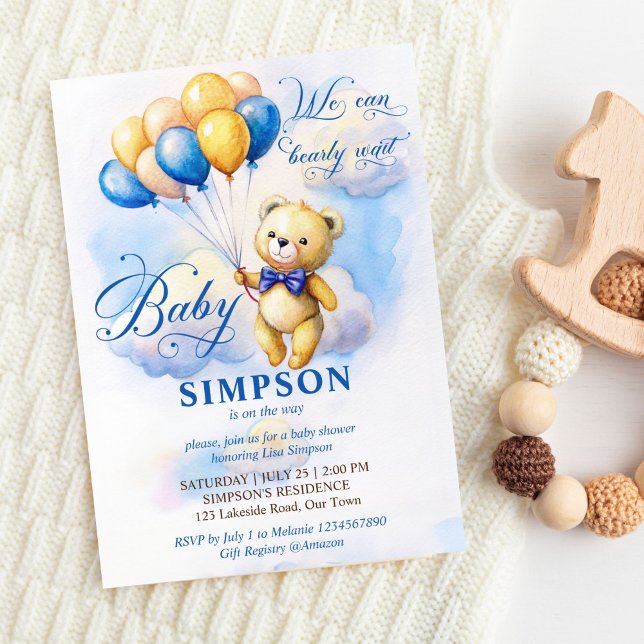 Wir können frühzeitig niedliche tddy-blaue Goldbal Einladung (We can bearly wait cute teddy bear with blue gold balloons in clouds baby shower invitation template)