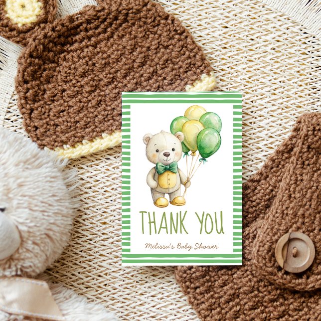 Wir können frühzeitig niedlichen Teddy warten Dankeskarte (We can bearly wait cute teddy bear sage green yellow baby shower thank you cards handwriting font )
