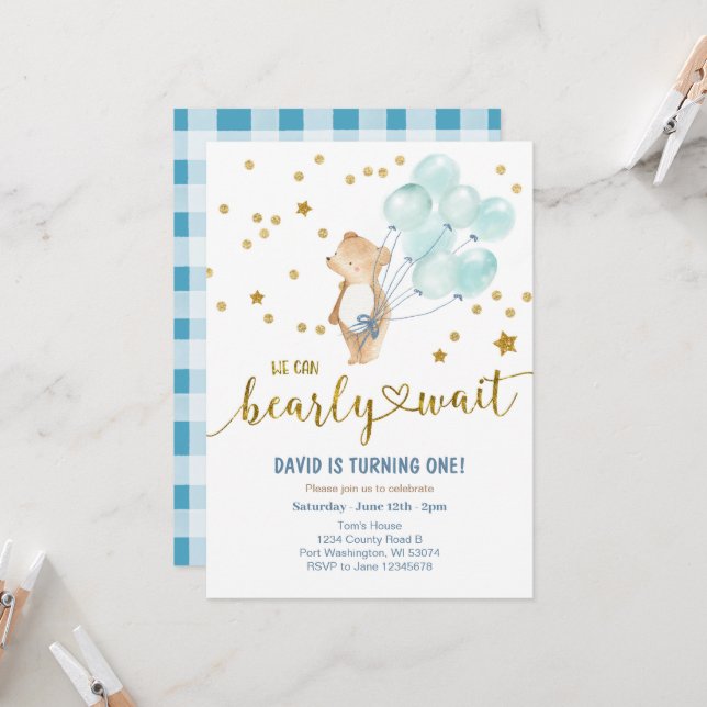 Wir können frühzeitig warten Bärenballon Geburtsta Einladung (Vorderseite/Rückseite Beispiel)