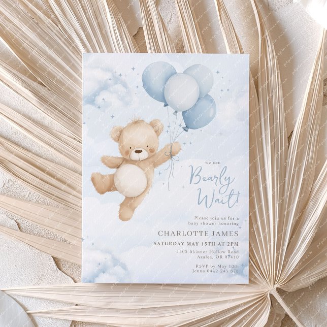 Wir können frühzeitig warten! Bear Blue Balloon Ba Einladung (We can Bearly Wait! Baby Shower invitation with bear and blue balloons)