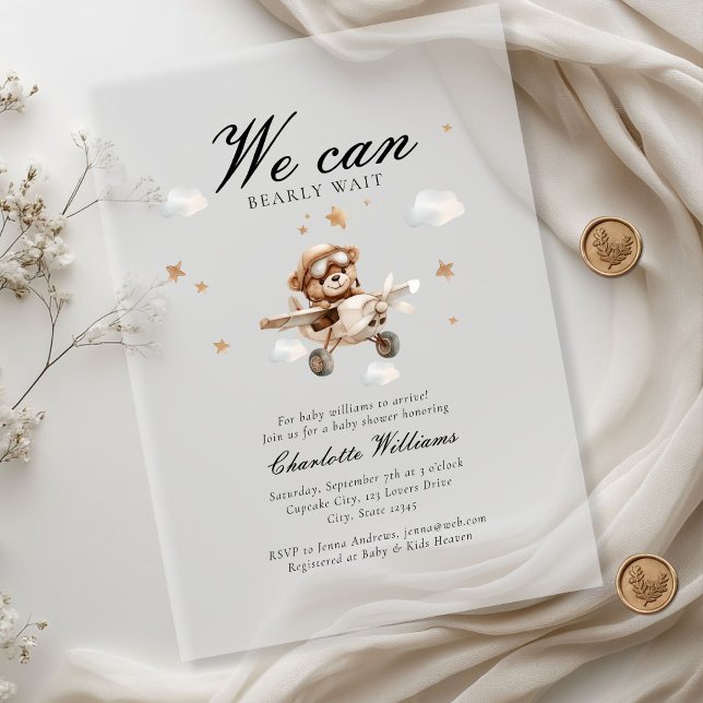 Wir können frühzeitig warten! Teddy Bear & Airplan Acryleinladungen (We Can Bearly Wait! Teddy Bear & Airplane Baby Shower White Transparent Acrylic Invitations.)