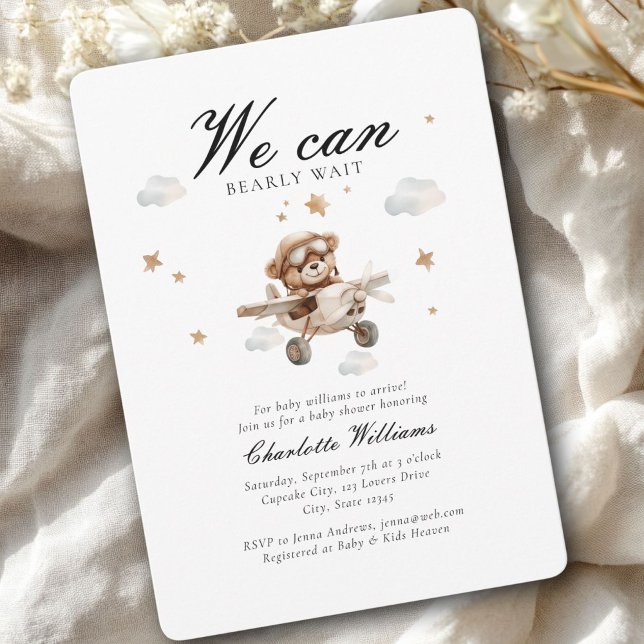Wir können frühzeitig warten! Teddy Bear & Airplan Einladung (We Can Bearly Wait! Cute Bear & Plain Baby Shower Invitation)