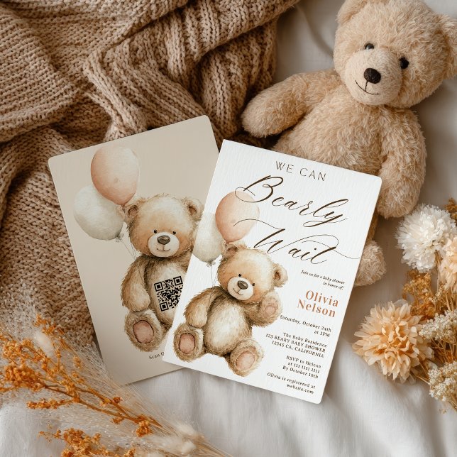 Wir können frühzeitig warten Teddy Bear QR Code Ba Einladung (We Can Bearly Wait Teddy Bear QR code Baby Shower Invitation)