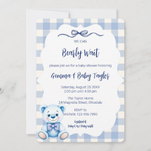 Wir können Gingham Blue Baby Dusche frühzeitig abw Einladung