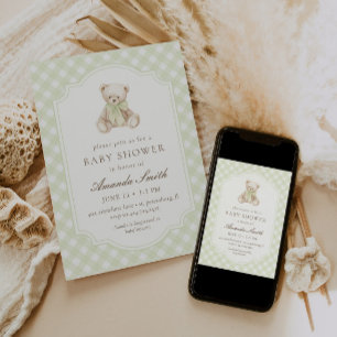 Wir können kaum auf den grünen Gingham-Teddybär-Ba Einladung