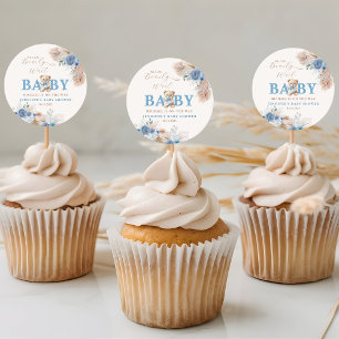 Wir können kaum warten Baby Shower Blau Boho Bär Runder Aufkleber