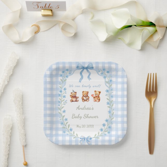 Wir können kaum warten Blau kariert Baby-Party  Pappteller (Hochzeit)