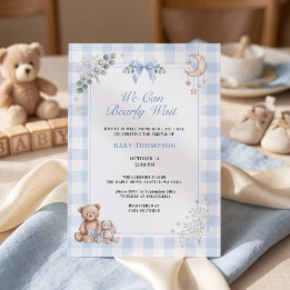 Wir können kaum warten Blau karierter Teddybär Einladung