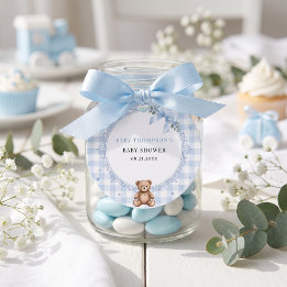 Wir können kaum warten Blau karierter Teddybär Geschenkanhänger