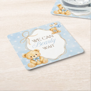 Wir können kaum warten Blau Teddy Bär Junge Baby-P Rechteckiger Pappuntersetzer