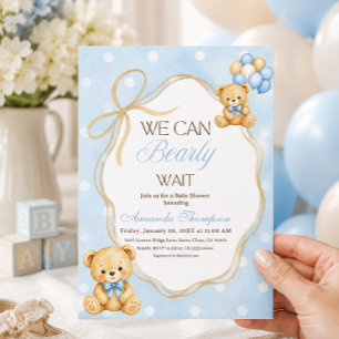Wir können kaum warten Blau Teddybär Junge Babypar Einladung