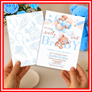 Wir können kaum warten, Blaues Jungen-Baby-Shower Einladung
