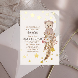 Wir können kaum warten Boho Bär Mond Baby Brunch Folieneinladung