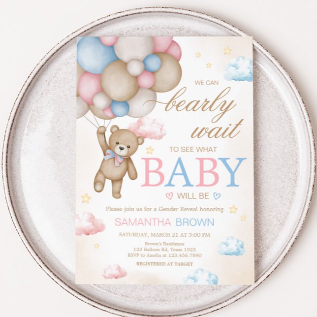 Wir können kaum warten, Geschlecht enthüllen  Einladung (Bear Balloon He or She Gender Reveal Invitation)