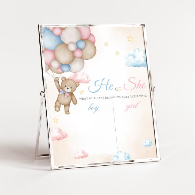 Wir können kaum warten Geschlecht Enthüllung Schil Poster (Bear Balloon He or She Gender Reveal Voting Sign)