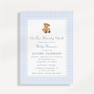 Wir können kaum warten Gingham-Teddybär-Baby-Party Ankündigung