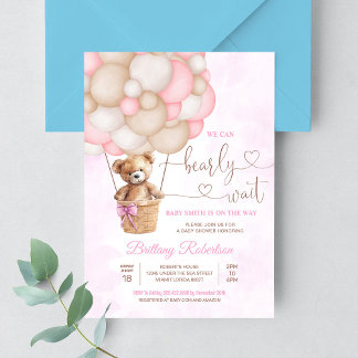Wir können kaum warten Mädchen Teddybär Babyparty Einladung