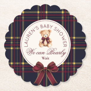 Wir können kaum warten Plaid Teddybär Baby Shower Untersetzer