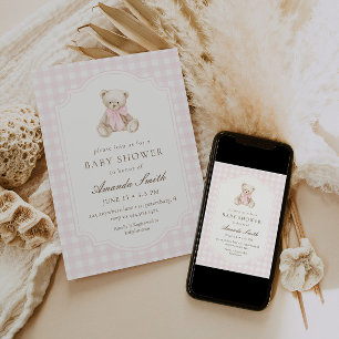 Wir können kaum warten Rosa Gingham Teddybär Baby Einladung