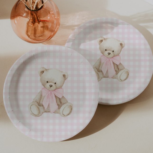 Wir können kaum warten Rosa Gingham Teddybär Pappteller (Von Creator hochgeladen)