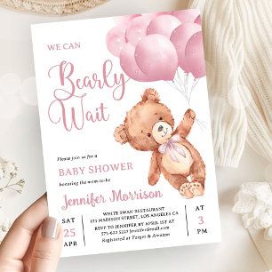 Wir können kaum warten Rosa Teddybär Baby Shower Einladung
