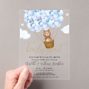 Wir können kaum warten Teddy Bär Blau Junge Baby-P Acryleinladungen