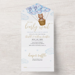 Wir können kaum warten Teddy Bär Blau Junge Baby-P All In One Einladung