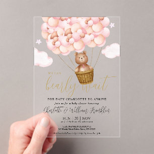Wir können kaum warten Teddybär Rosa Mädchen Baby- Acryleinladungen