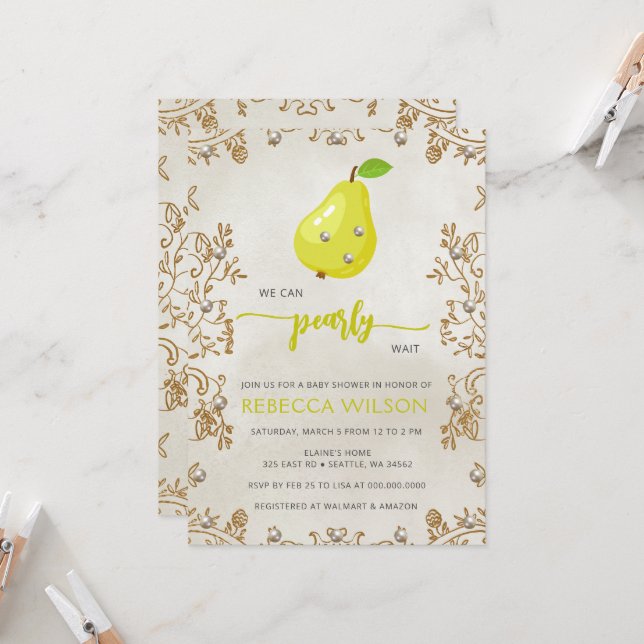 Wir können Pear Wait Birne Baby Dusche warten Einladung (Vorderseite/Rückseite Beispiel)