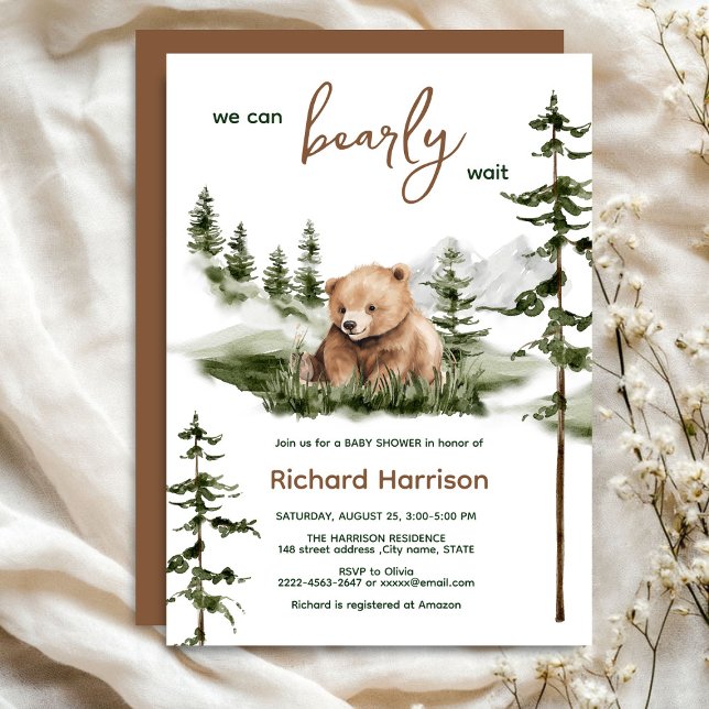Wir können schon lange warten, bis wir eine Baby-D Einladung (Bearly wait cute watercolor forest baby shower invitation )