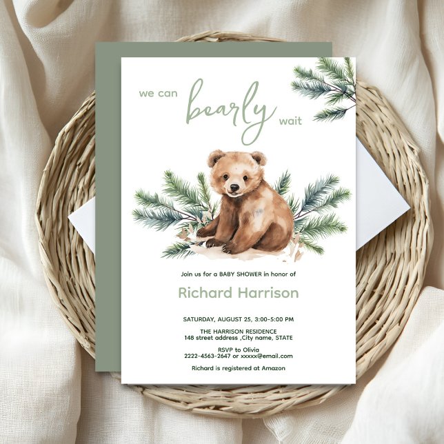 Wir können schon lange warten, bis wir eine Baby-D Einladung (Bearly wait cute watercolor forest baby shower invitation )